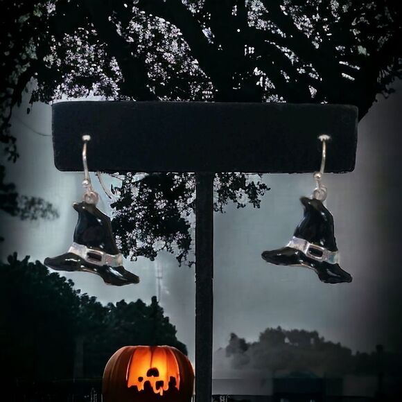 Halloween Earrings Dangle Silver Tone Black Enameled Witch Hat Witchy Witchcore. - Picture 15 of 16